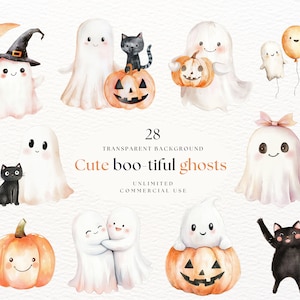 Imágenes prediseñadas lindas de Halloween / Imágenes prediseñadas de fantasmas boho / Imágenes prediseñadas de fantasmas lindos / Imágenes prediseñadas de Halloween espeluznantes / Fantasmas de acuarela / Imagen de Halloween