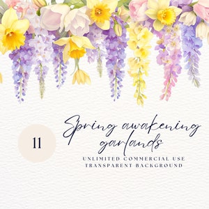 Guirlande de printemps aquarelle numérique ClipArt, Clipart floral, fleurs de printemps, jonquille Png, fleurs de printemps jaunes, clipart tulipes aquarelle