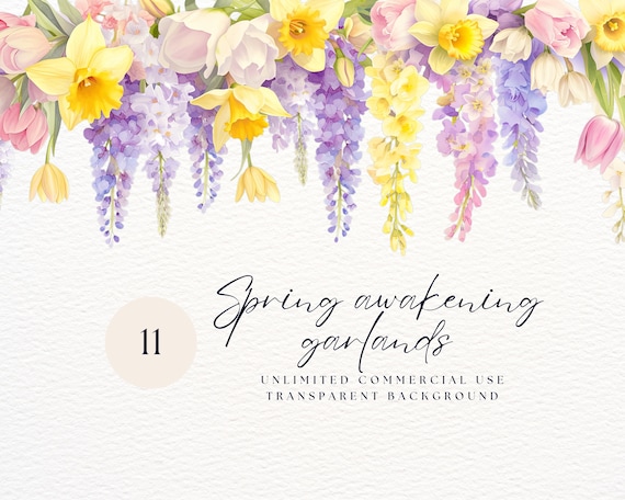 Watercolor Spring Garland Digital ClipArt, Floral Clipart, Spring Flowers, Daffodil Png, Yellow Spring Flowers, Watercolor Tulips Clipart