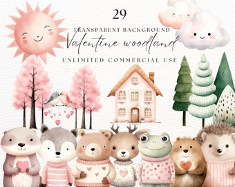 Woodland Animal Clipart | Valentines Day Card Printables | Watercolor Valentine's Day Clipart | Romantic Clipart | Baby Animals