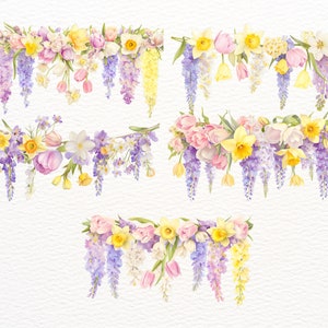 May include: Four watercolor illustrations of floral garlands with pink, yellow, and white flowers and purple wisteria vines hanging down.