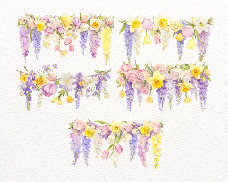 May include: Four watercolor illustrations of floral garlands with pink, yellow, and white flowers and purple wisteria vines hanging down.