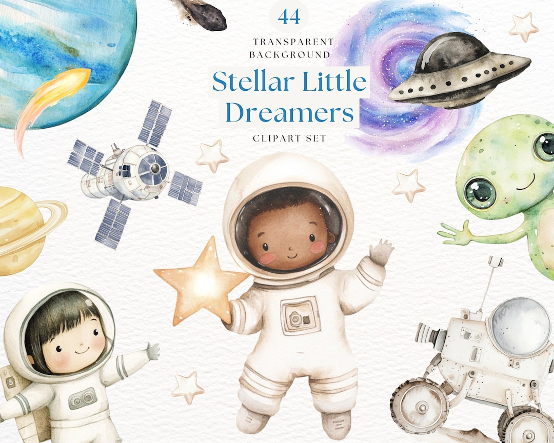 Cute Astronaut and Rocket Ship Clipart, Watercolor Space Clipart Bundle ...