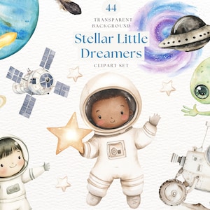Clipart carino astronauta e razzo, bundle clipart spazio acquerello, stelle e luna, pianeti, arte per bambini nello spazio, grafica spaziale