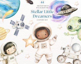 Cute Astronaut and Rocket Ship Clipart, Watercolor Space Clipart Bundle, Stars and Moon, Planets, Outer Space Nursery Art, Space Graphics