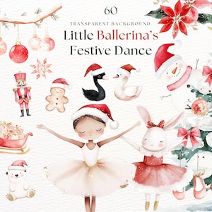 Clipart de bailarina navideña en acuarela, princesa bailarina, ballet Cascanueces, decoración navideña de invierno, lindo PNG navideño, gráficos de cuentos de hadas