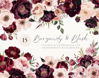 Watercolor Blush And Burgundy Floral Clipart | Fall Clipart | Free Commercial Use | Vintage Rose Clipart | Burgundy Wedding Clipart