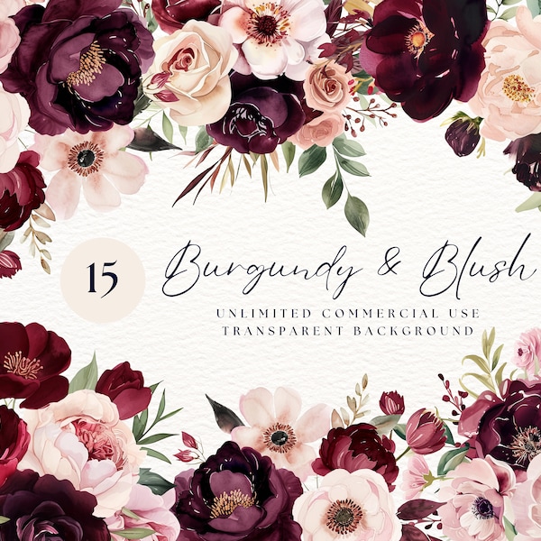 Watercolor Blush And Burgundy Floral Clipart | Fall Clipart | Free Commercial Use | Vintage Rose Clipart | Burgundy Wedding Clipart