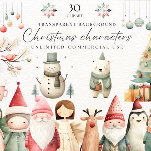 Niedliche Weihnachtsfiguren | Skandinavische Weihnachten Clipart | Aquarell Weihnachten Clipart Bundle | Schneemänner Clipart | Weihnachtsbaum Png