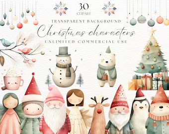 Cute Christmas Characters | Scandinavian Christmas Clipart | Watercolor Christmas Clipart Bundle | Snowmen Clipart | Christmas Tree Png