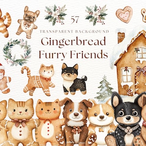 Pacchetto di clipart di cani di Natale con acquerello di pan di zenzero, pacchetto di clipart di gatti di Natale con acquerello, clipart di gatti invernali carini, biscotti di Natale