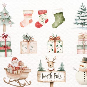 May include: Watercolor illustration of Christmas themed items including a Christmas tree, presents, stockings, a snowman, a reindeer, and a sign that says "North Pole".