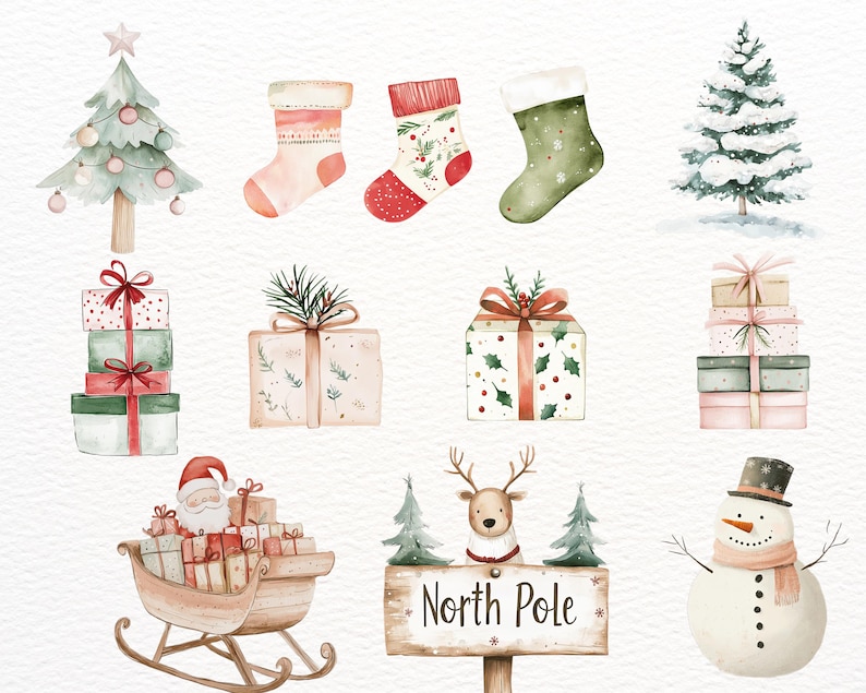 May include: Watercolor illustration of Christmas themed items including a Christmas tree, presents, stockings, a snowman, a reindeer, and a sign that says "North Pole".