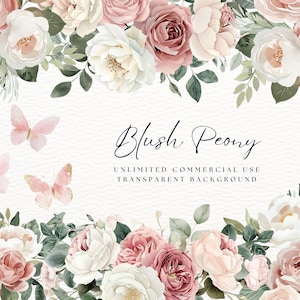 Clipart de peonía ruborizada en acuarela, elementos florales en acuarela, uso comercial, clipart de boda, invitación de boda, ramos florales