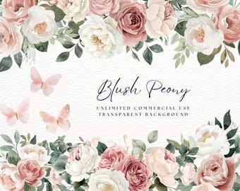 Watercolor Blush Peony Clipart, Watercolor Floral Elements, Commercial Use, Wedding Clipart, Wedding Invitation , Floral Bouquets