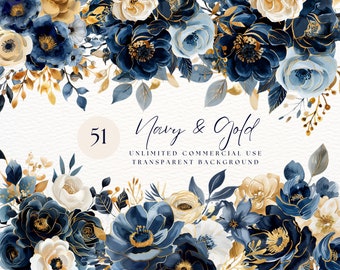 Gold Navy Flowers , Floral Bouquet, Floral Clipart, Watercolor Flower Navy Blue Roses, Wedding Invitation, Instant Download, Commercial Use