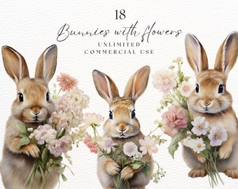 Rabbit With Flower Clipart Png | Spring Clipart | Decoupage Prints | Rabbit Png| Instant Download | Nursery Decor |  | Bunny with Flower Png