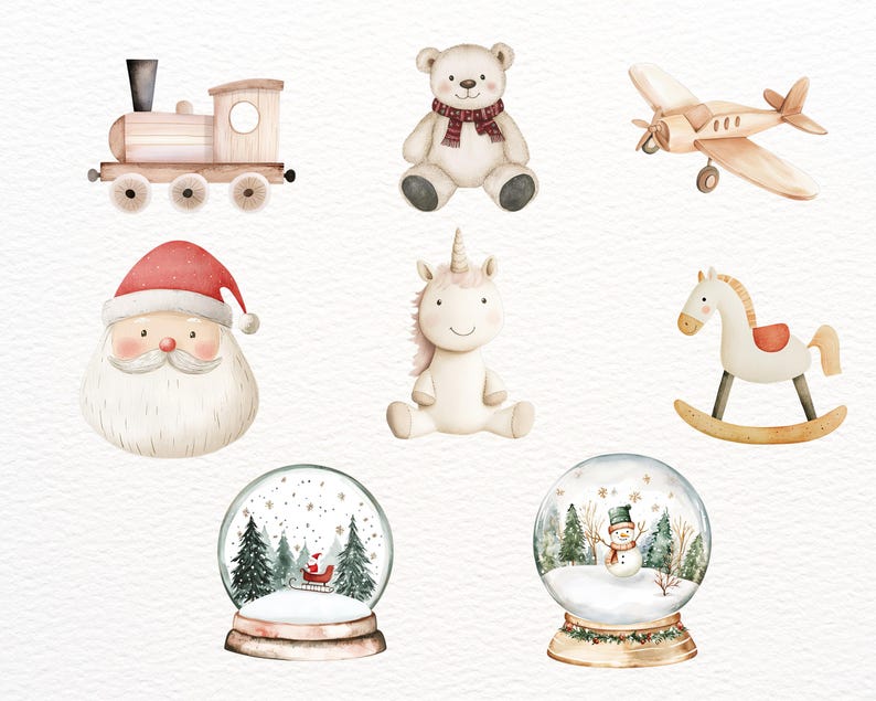 May include: A set of nine watercolor illustrations featuring various Christmas-themed toys, including a wooden train, a rocking horse, a unicorn, a teddy bear, a snow globe with a snowman, a snow globe with a sleigh, and a Santa Claus head.