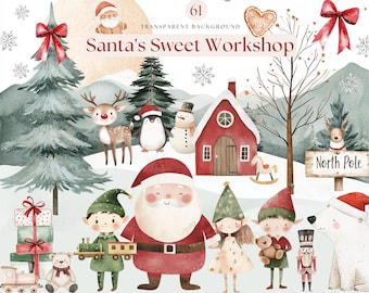 Cute Santa Workshop Clipart, Christmas Elf Png, Christmas Clipart, Festive Graphics, Holiday Clipart, Transparent Png, Commercial Use