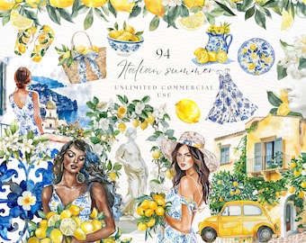 Mediterranean Watercolor Clipart, Blue White Tile, Watercolor Lemon Clipart Bundle, Summer Clipart, Lemon Wreath, Italian Street, Amalfi Sea
