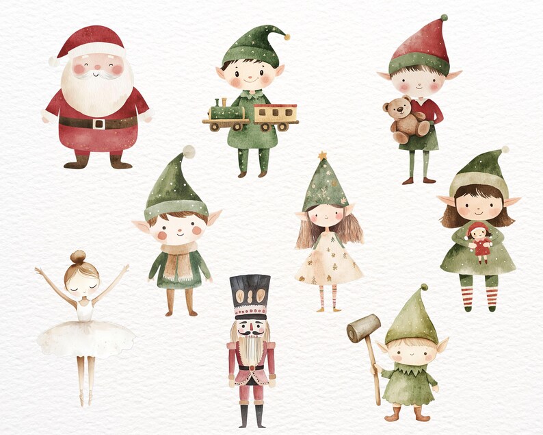 May include: Watercolor illustration of a Christmas scene with a Santa Claus, a nutcracker, a ballerina, and elves. The elves are wearing green hats and carrying toys. The nutcracker is holding a candy cane. The ballerina is wearing a white tutu and a pink bow.