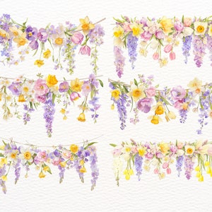 May include: Watercolor painting of four floral garlands with purple, pink, yellow, and white flowers. The garlands are made of various flowers, including tulips, daffodils, and wisteria.