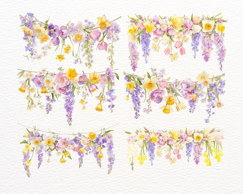 May include: Watercolor painting of four floral garlands with purple, pink, yellow, and white flowers. The garlands are made of various flowers, including tulips, daffodils, and wisteria.