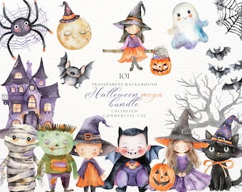 May include: A set of 101 watercolor Halloween illustrations featuring a variety of characters, objects, and scenes.  The illustrations include a witch, a ghost, a spider, a bat, a haunted house, a pumpkin, a mummy, a Frankenstein monster, a vampire, a cat, and a tree.  The illustrations are perfect for creating Halloween cards, invitations, decorations, and more.
