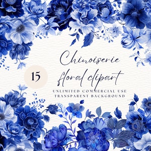 Chinoiserie Clipart | Instant Download | Floral Art |  | Printable Junk Journal Backgrounds | Bohemian Flower | Indigo Flower Clipart