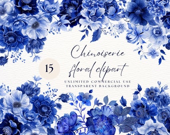Chinoiserie Clipart / Descarga instantánea / Arte floral / / Fondos de diario basura imprimibles / Flor Boho / Clipart de flor índigo