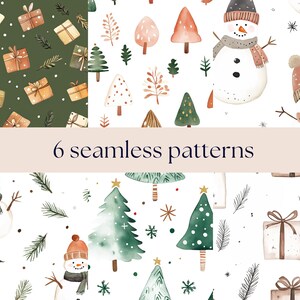 May include: Six seamless patterns featuring winter holiday themes. The patterns include snowmen, Christmas trees, presents, and snowflakes in a watercolor style. The patterns are on a white background.