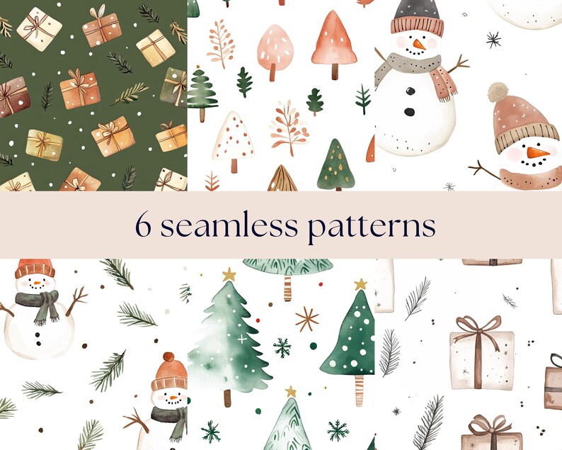 May include: Six seamless patterns featuring winter holiday themes. The patterns include snowmen, Christmas trees, presents, and snowflakes in a watercolor style. The patterns are on a white background.