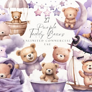 Ours en peluche violet | Clipart ours bohème aquarelle | Clipart aquarelle de baby shower | Clipart animal ballon | Pour usage commercial png