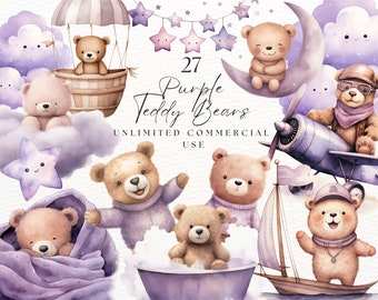 Clipart de oso de peluche púrpura / Clipart de oso boho acuarela / Clipart de baby shower de acuarela / Clipart de animales de globo / Para uso comercial Png