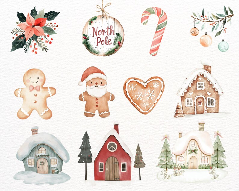 May include: A set of watercolor illustrations featuring Christmas themes. The illustrations include a gingerbread house, a gingerbread man, a candy cane, a heart-shaped gingerbread cookie, a Christmas tree, a red house, a North Pole sign, and a poinsettia.