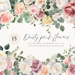 Stoffige roze bloemen clipart, aquarel pastel bloemen clipart, lente bloemen clipart, kwekerij clipart, digitale clipart PNG, uitnodigen bruiloft
