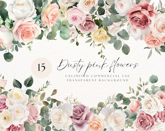 Dusty Pink Floral Clipart, Watercolor Pastel Flowers Clipart, Spring Floral Clipart, Nursery Clipart, Digital Clipart Png, Invite Wedding