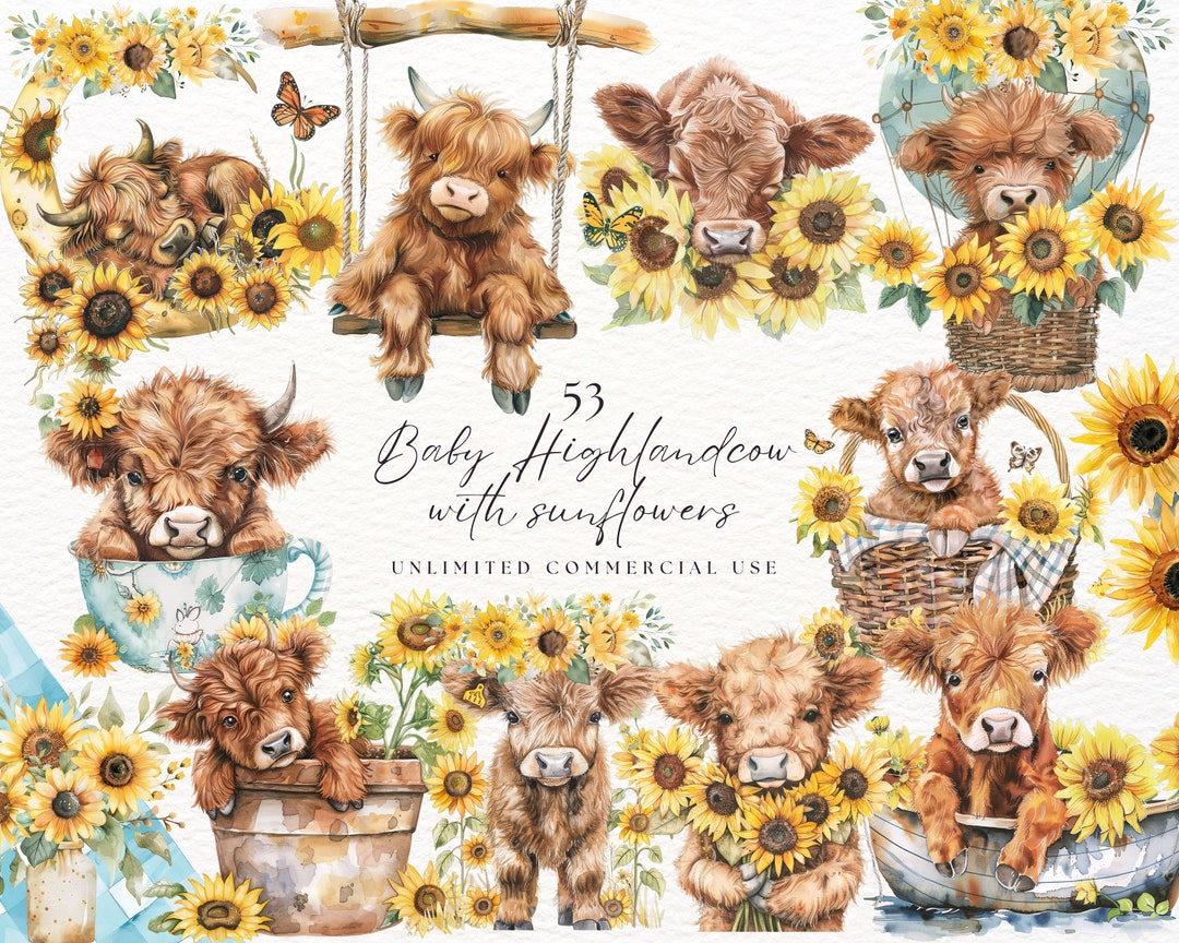 Baby Highland Cow | Floral Highland Cow | Baby Animal | Sunflower Png ...