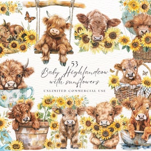 Vache Highland bébé | Vache florale Highland | Bébé animal | Tournesol PNG | Clipart bébé vache | Clipart fleurs de printemps | Clipart imprimable