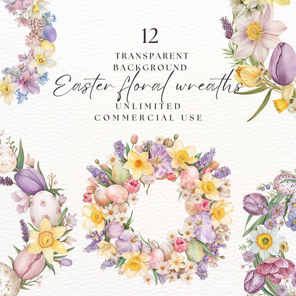 Watercolor Easter Wreath Clipart | Spring Flower And Eggs Png | Easter Floral Wreath Clipart | Watercolor Floral Egg Clipart | Easter Egg
