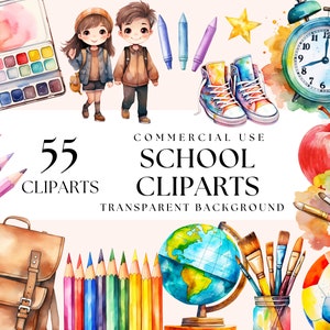 Salle de classe, cliparts aquarelle école, clipart enseignant, PNG transparents, usage commercial, fournitures, crayons de couleur, crayons