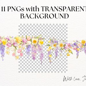 May include: A garland of watercolor flowers with pink, yellow, and white flowers and purple wisteria hanging from a string. The background is transparent. "With Love, Jayna" is written in the bottom right corner.