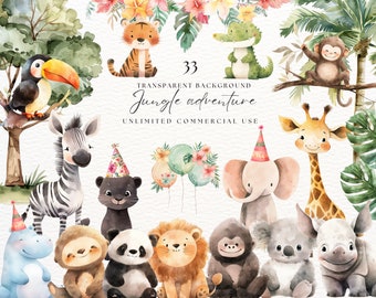 Dschungel Clipart | Safari Tiere Aquarell Clipart | Babyparty| Kinder Clipart | Safaritier | Kinderzimmer Clipart | Kinderzimmer Dekor
