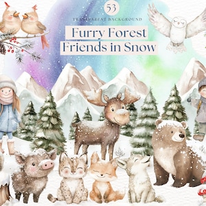 Clipart di amici del bosco invernale, creature del paese delle meraviglie invernali, adorabili animali della foresta, decorazioni per la cameretta dei bambini, download immediato, baby shower