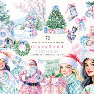 Adornos navideños de estilo milenial/preppy/con acuarela//Bolas y guirnaldas de vegetación//Papelería imprimible/Grandmillenal Preppy 077