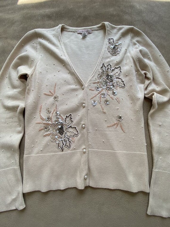 VTG 90s INTUITIONS Silk Blend Beige Beaded Cardiga