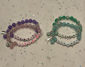 Gender Reveal Glass Bead Bracelet, Baby Shower Gift