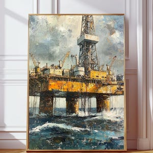 Pode incluir: Pintura de uma plataforma petrolífera emoldurada em dourado. A obra retrata uma plataforma petrolífera amarela e castanha num mar agitado sob um céu nublado. Guindastes e outras máquinas são visíveis na plataforma, com as ondas a bater contra os seus suportes.
