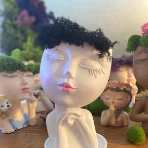 Plantador de musgo de reno conservado, maceta de Noruega, diseño de cara de niña popular, manos cruzadas