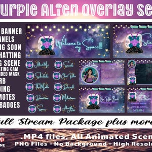 May include: A digital art package with a purple alien theme, including a Twitch banner, panels, emotes, and sub-badges. The design features a starry sky background and the text "Welcome to my space!!". The package includes animated scenes and high-resolution PNG files.
